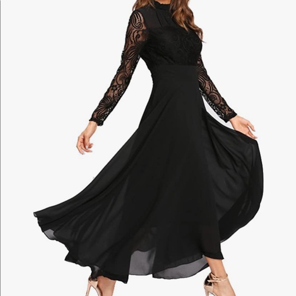 roiii Dresses & Skirts - Roiii Women's Formal Lace Chiffon Long Sleeve Ruched Neck Long Dress